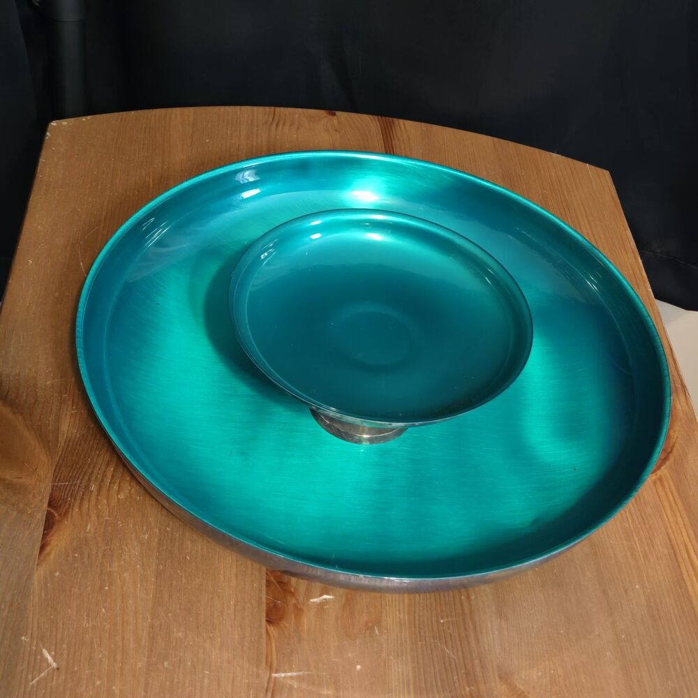 2-pc VTG Oneida Silversmiths Chip Dip Sandwich Platter Bowl Enamel Silverplate